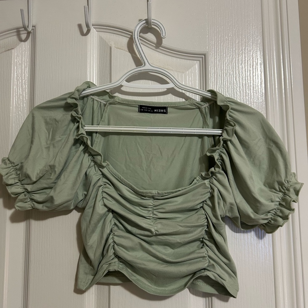 Sage Green Ruched Puff Sleeve Blouse